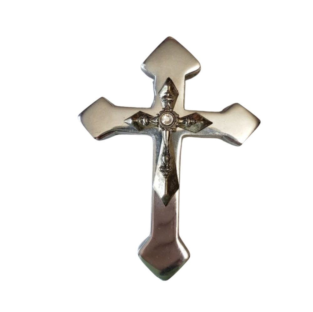 Vintage Silver tone Metal Cross with a Rignstone